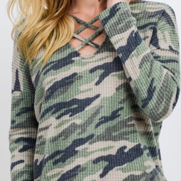 Cherish Green Camouflage Criss Cross Brushed Waffle Top - Picture 2 of 8